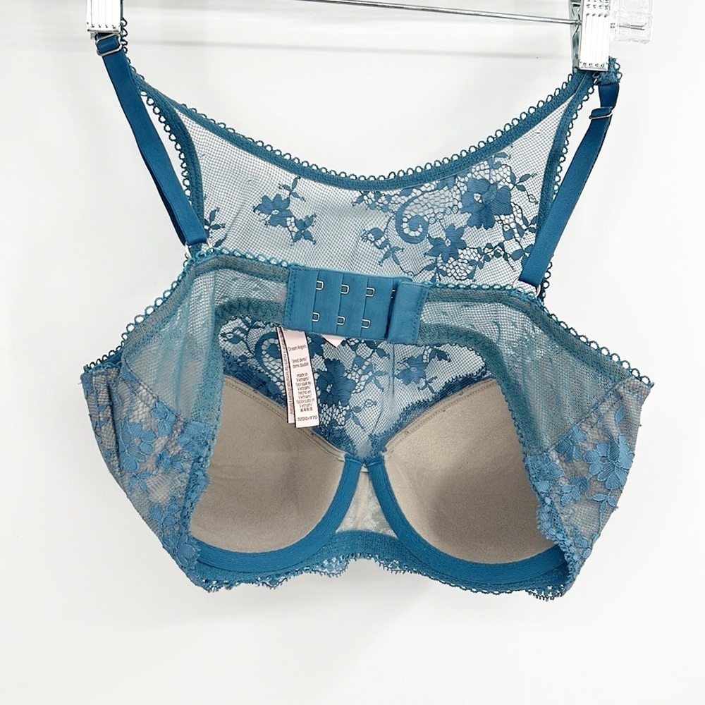 Victoria's Secret Dreams Angel Lined Demi Lace Strappy Bra 32DD Turquoise Mesh - Picture 8 of 9